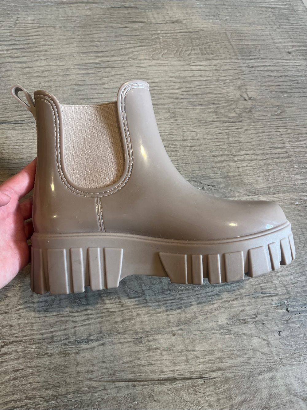 Chunky Shiny Rain Booties in Taupe